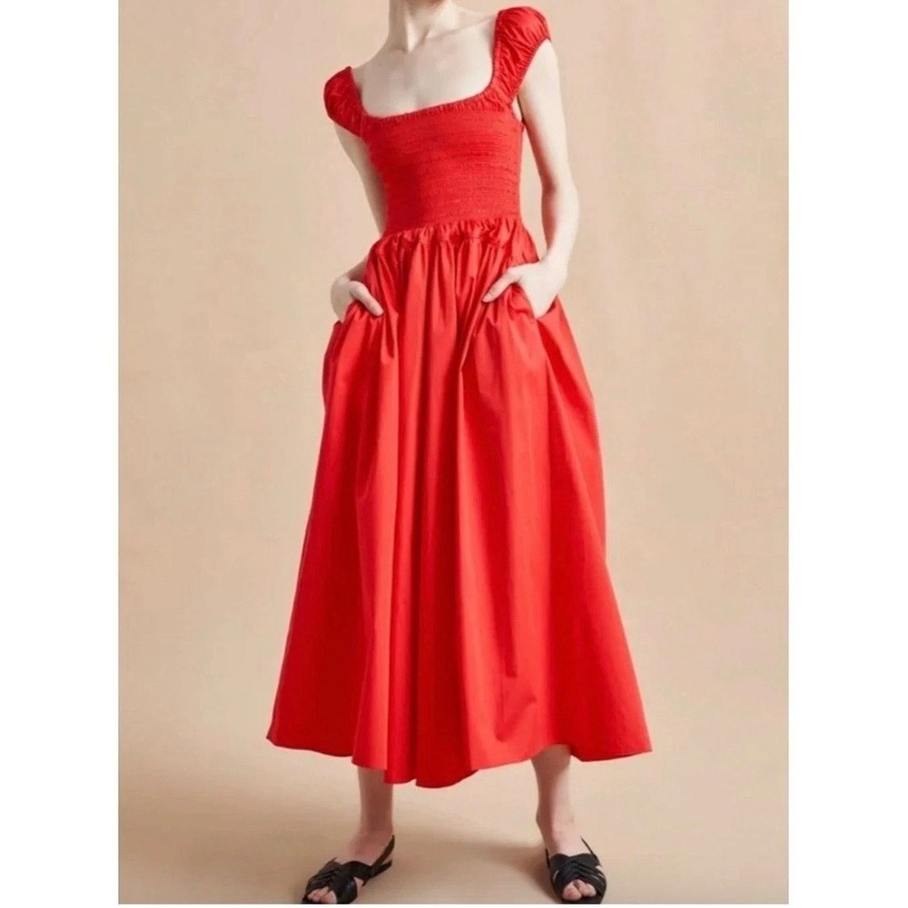 NWT La Ligne Vivan Midi Dress Poppy Red 100% Cotton Smocked Bodice Size 2X $295